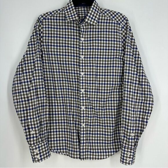 J. HILBURN Custom Men’s Navy and Brown Plaid Long-Sleeve Button Down Shirt sz M - Picture 1 of 7